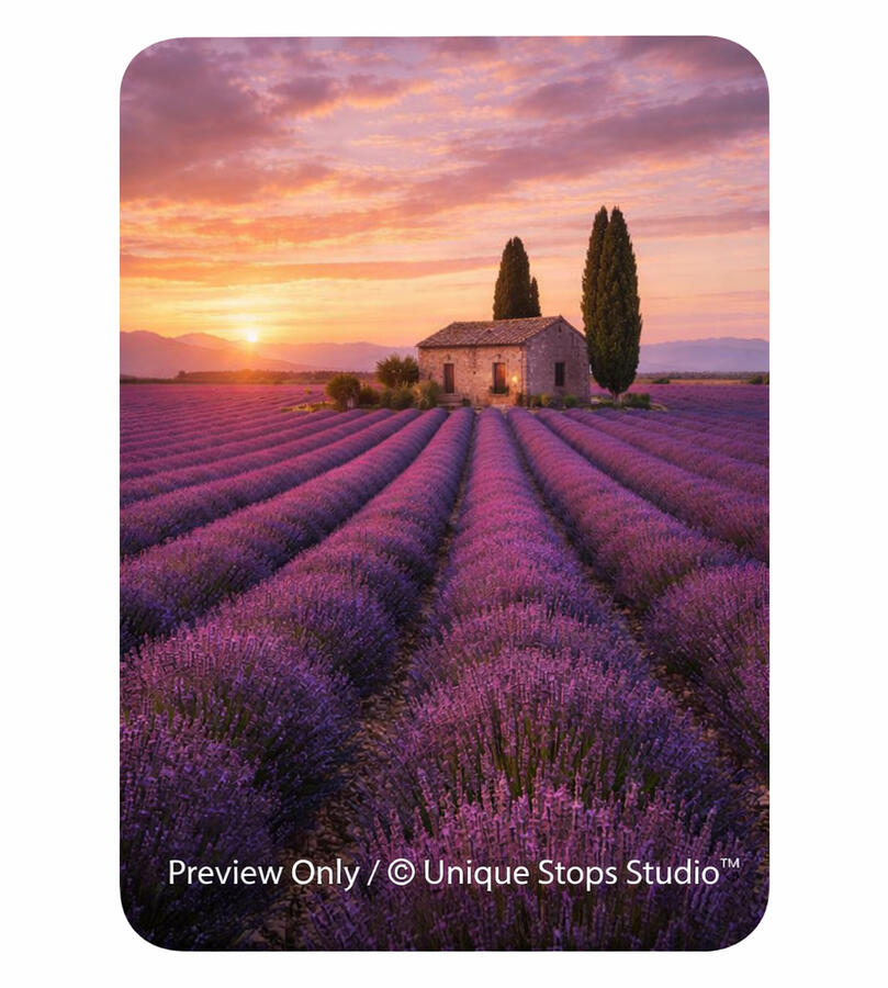 Lavender Fields at Golden Hour Preview Only · © Unique Stops Studio™ Cinematic lavender fields at golden hour in Provence, featuring symmetrical purple rows leading toward a rustic stone house under a warm sunset sky